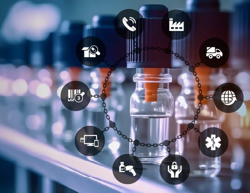Pharmaceutical vials with supply-chain icons